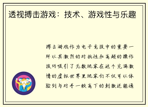 透视搏击游戏：技术、游戏性与乐趣